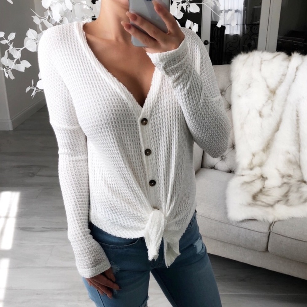 Smitten white waffle button top
